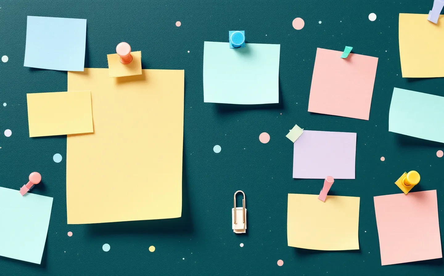 A pinned-corkboard collage of a central butter sticky-note with an abstract two-ring NAD molecular emblem connected by thread to four pastel satellite notes, with push-pins and washi-tape, on a deep slate-teal board